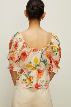 Online Oasis Linen Mix Fruit Printed Tie Scoop Neck Top Floral