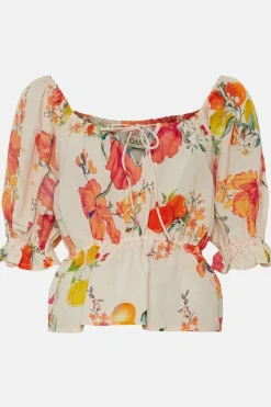 Online Oasis Linen Mix Fruit Printed Tie Scoop Neck Top Floral