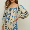 Hot Oasis Linen Mix Ikat Printed Bardot Dress Multi