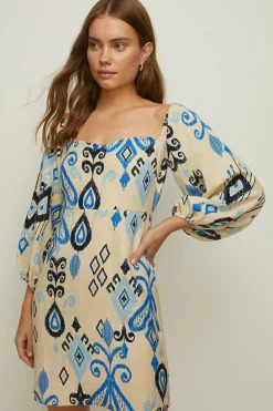 Hot Oasis Linen Mix Ikat Printed Bardot Dress Multi