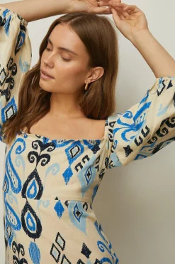 Hot Oasis Linen Mix Ikat Printed Bardot Dress Multi