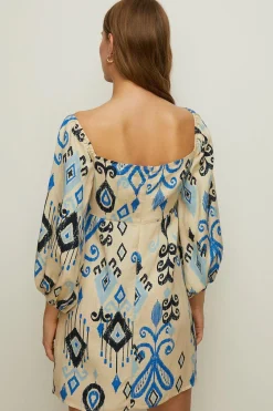 Hot Oasis Linen Mix Ikat Printed Bardot Dress Multi