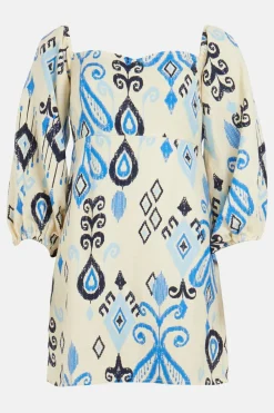 Hot Oasis Linen Mix Ikat Printed Bardot Dress Multi