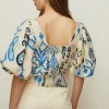 Fashion Oasis Linen Mix Ikat Printed Puff Sleeve Top Multi