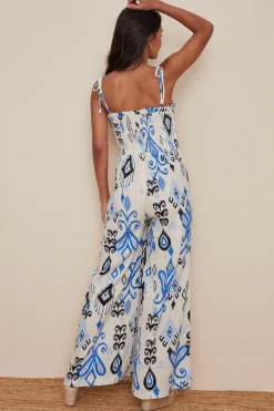 Best Oasis Linen Mix Ikat Printed Shirred Jumpsuit Ivory