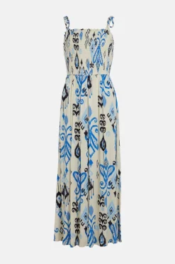 Hot Oasis Linen Mix Ikat Printed Shirred Maxi Dress Ivory
