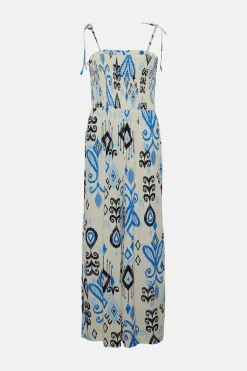 Best Oasis Linen Mix Ikat Printed Shirred Jumpsuit Ivory