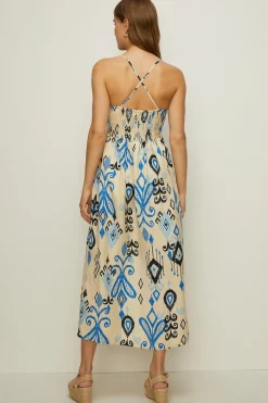 Discount Oasis Linen Mix Ikat Printed Strappy Midi Dress Multi