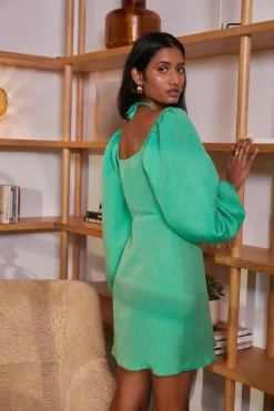 Outlet Oasis Linen Mix Keyhole Tie Front Mini Dress Green