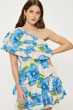 Sale Oasis Linen Mix One Shoulder Ruffle Tiered Floral Mini Dress Blue
