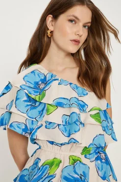 Sale Oasis Linen Mix One Shoulder Ruffle Tiered Floral Mini Dress Blue