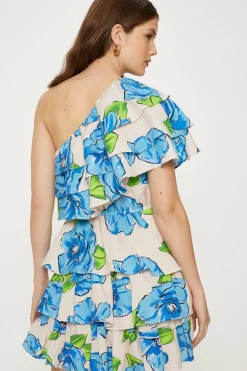 Sale Oasis Linen Mix One Shoulder Ruffle Tiered Floral Mini Dress Blue