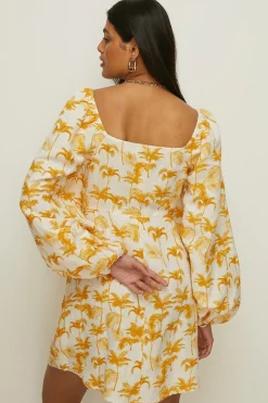 New Oasis Linen Mix Palm Print Keyhole Tie Front Mini Dress Multi
