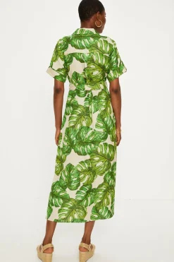 Clearance Oasis Linen Mix Palm Print Midi Shirt Dress Green