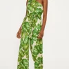 Hot Oasis Linen Mix Palm Print One Shoulder Jumpsuit Green