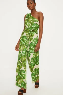 Hot Oasis Linen Mix Palm Print One Shoulder Jumpsuit Green