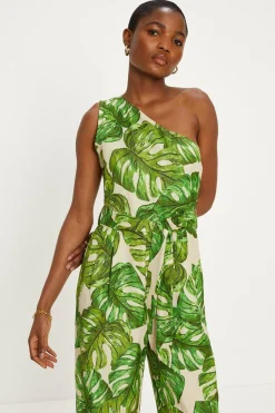 Hot Oasis Linen Mix Palm Print One Shoulder Jumpsuit Green