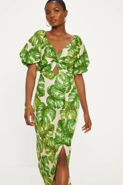 Discount Oasis Linen Mix Palm Print Twist Front Midi Dress Green