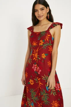 Discount Oasis Linen Mix Parrot Print Button Through Midi Dress Multi