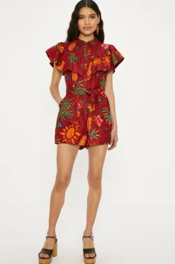 Outlet Oasis Linen Mix Parrot Print Ruffle Playsuit Multi