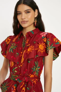 Outlet Oasis Linen Mix Parrot Print Ruffle Playsuit Multi