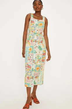 Outlet Oasis Linen Mix Patch Print Button Through Midi Dress Multi
