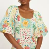 New Oasis Linen Mix Patch Print Puff Sleeve Midi Dress Ivory