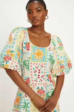New Oasis Linen Mix Patch Print Puff Sleeve Midi Dress Ivory