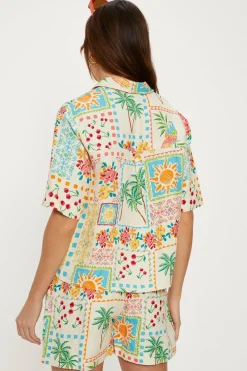 Sale Oasis Linen Mix Patch Print Resort Shirt Ivory
