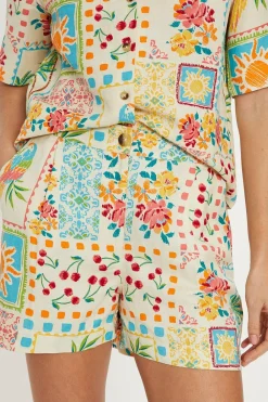 New Oasis Linen Mix Patch Print Shorts Ivory