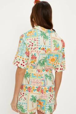 New Oasis Linen Mix Patch Print Shorts Ivory