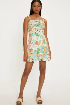 Sale Oasis Linen Mix Patch Print Tie Shoulder Mini Dress Ivory