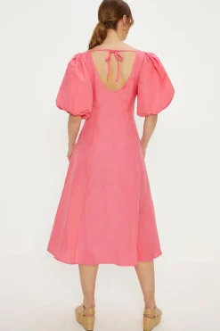 Hot Oasis Linen Mix Puff Sleeve Midi Dress Pink