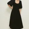 Hot Oasis Linen Mix Puff Sleeve Seamed Midi Dress Black