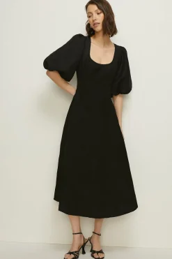 Hot Oasis Linen Mix Puff Sleeve Seamed Midi Dress Black