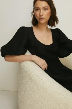Hot Oasis Linen Mix Puff Sleeve Seamed Midi Dress Black