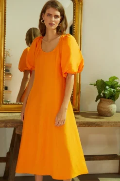 Sale Oasis Linen Mix Puff Sleeve Seamed Midi Dress Mango