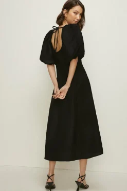 Hot Oasis Linen Mix Puff Sleeve Seamed Midi Dress Black