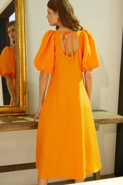 Sale Oasis Linen Mix Puff Sleeve Seamed Midi Dress Mango