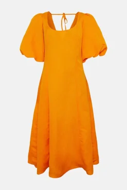 Sale Oasis Linen Mix Puff Sleeve Seamed Midi Dress Mango