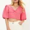 Fashion Oasis Linen Mix Puff Sleeve Twist Front Top Pink