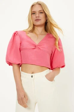 Fashion Oasis Linen Mix Puff Sleeve Twist Front Top Pink