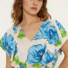 Hot Oasis Linen Mix Ruffle Sleeve Floral Print V Neck Top Blue
