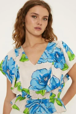 Hot Oasis Linen Mix Ruffle Sleeve Floral Print V Neck Top Blue