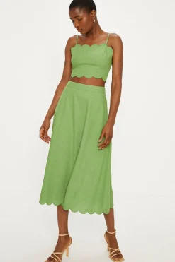 Hot Oasis Linen Mix Scallop Detail Midi Skirt Pink