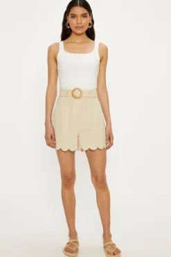 Discount Oasis Linen Mix Scallop Detail Belted Shorts Ecru