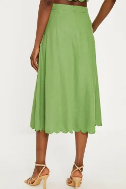Hot Oasis Linen Mix Scallop Detail Midi Skirt Pink