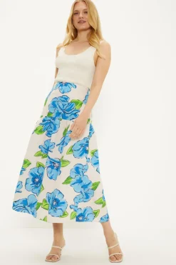 Sale Oasis Linen Mix Statement Floral Midi Skirt Blue