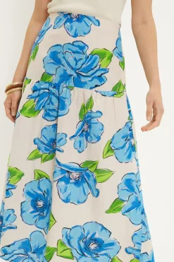 Sale Oasis Linen Mix Statement Floral Midi Skirt Blue