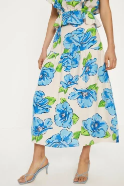 Sale Oasis Linen Mix Statement Floral Midi Skirt Blue